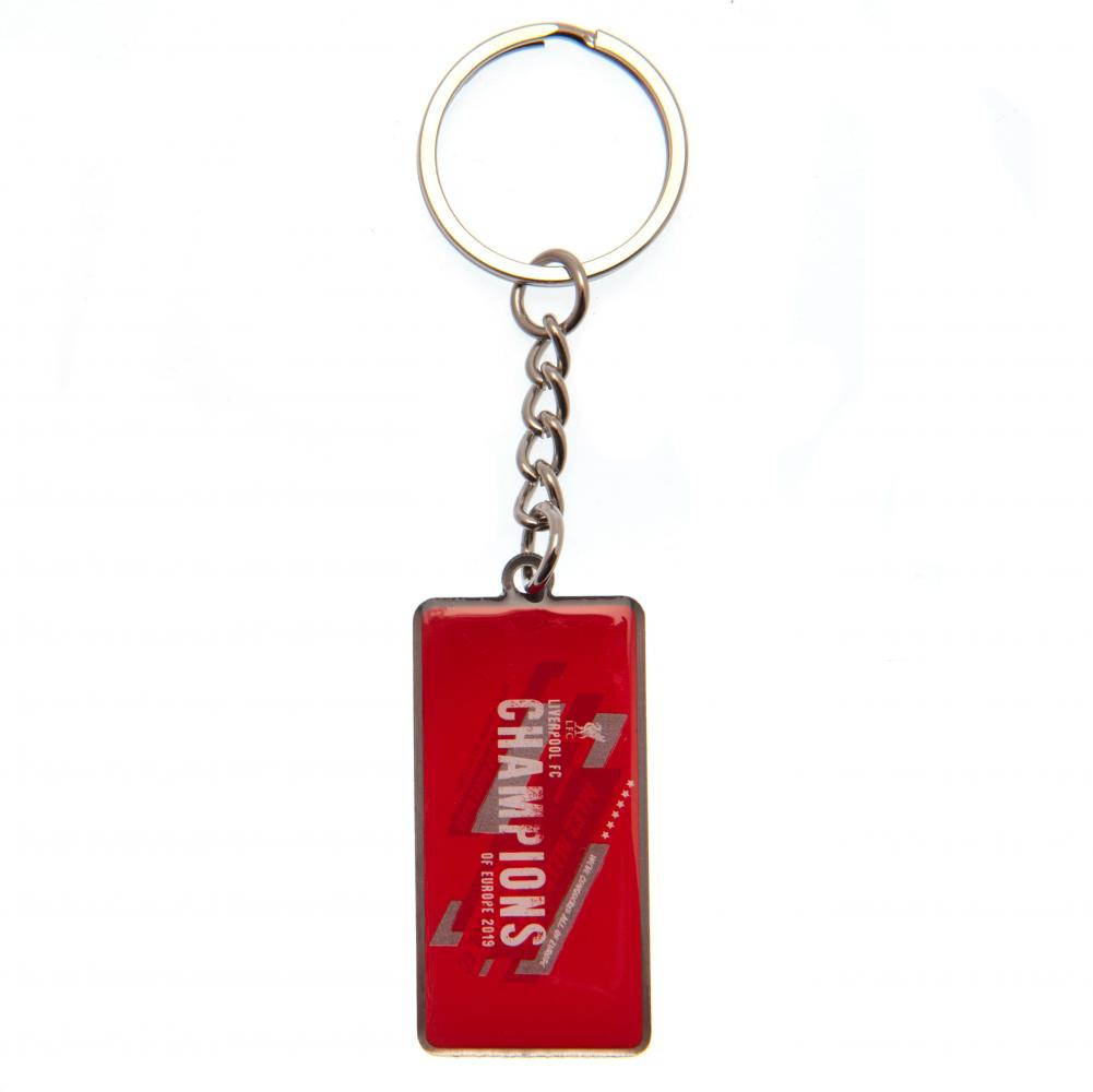 Liverpool FC rectangular metal keychain with a full colour enamel Champions of Europe 2019 design