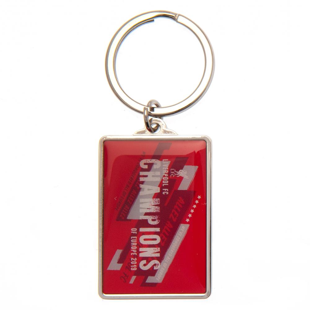 Liverpool FC rectangular metal keyring with a full colour enamel Champions of Europe 2019 design