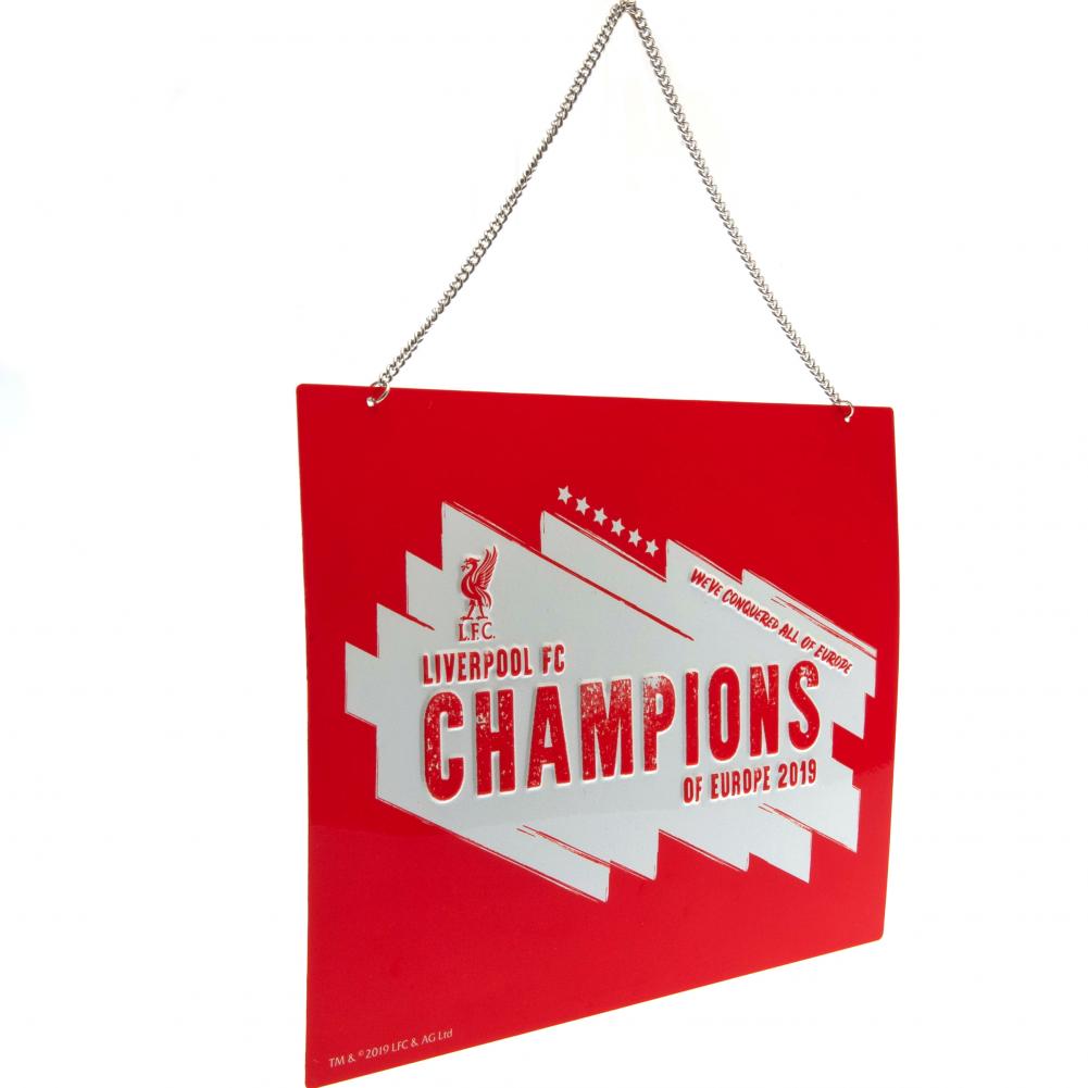 Liverpool FC gloss finish stamped metal hanging sign with the Champions Of Europe 2019 design