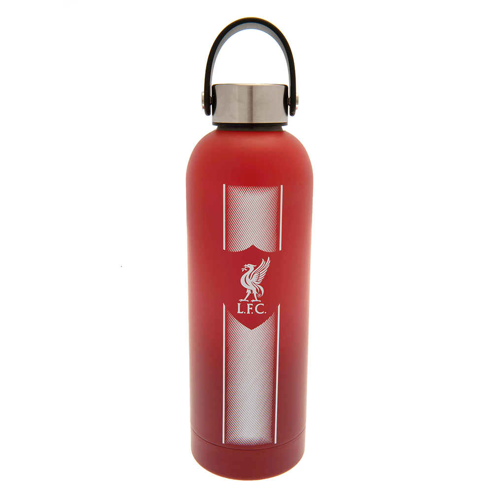 Liverpool FC red stainless steel thermal vacuum flask with a white LFC crest and text and a silver screw top lid