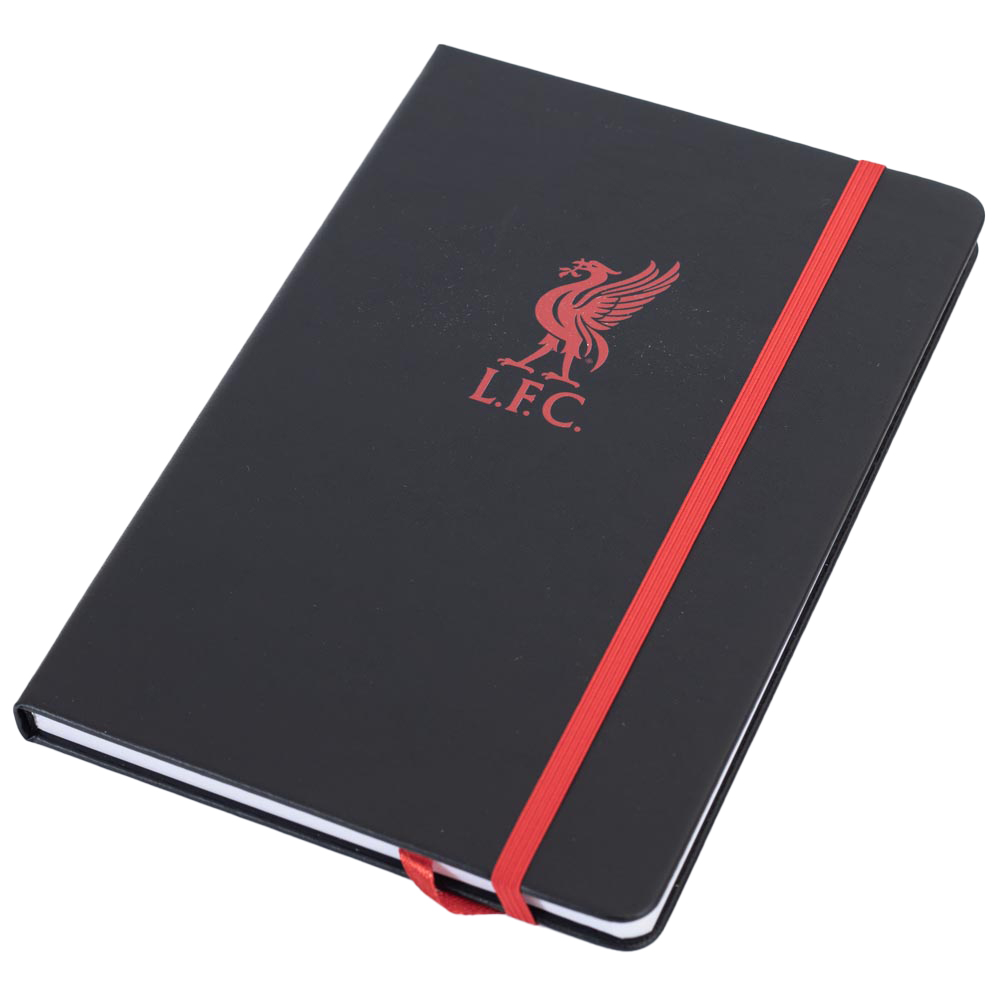 Liverpool FC hardback notebook with black faux leather and a vibrant red embossed Liverbird crest
