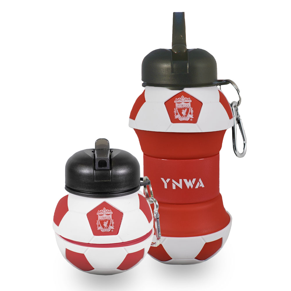 Liverpool FC collapsible football shaped drinks bottle with a white Liverpool crest and a carabiner clip