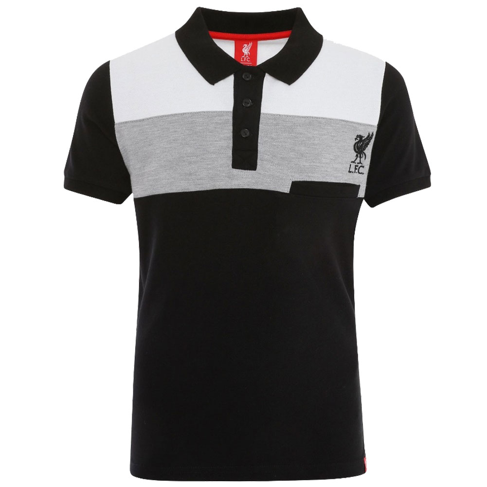 Junior Liverpool black block design polo with grey and white panelling and a black embroidered Liverbird crest