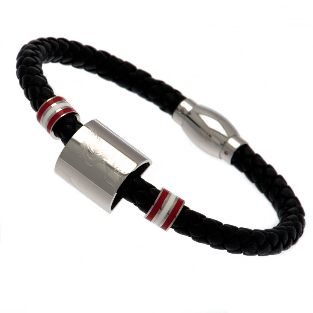Liverpool FC black genuine leather rope bracelet with stainless steel colour rings and an engraved club crest
