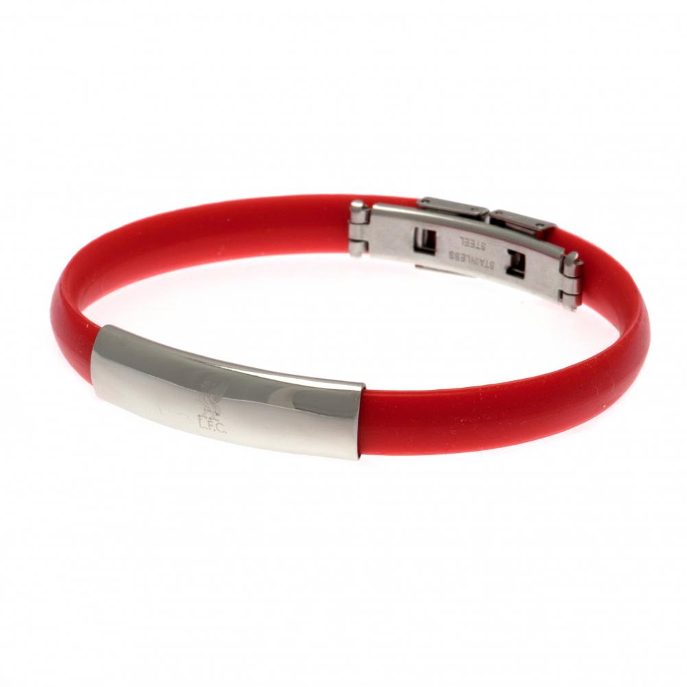 Red Liverpool FC flexi silicone bracelet with an engraved club crest plate and a steel clasp