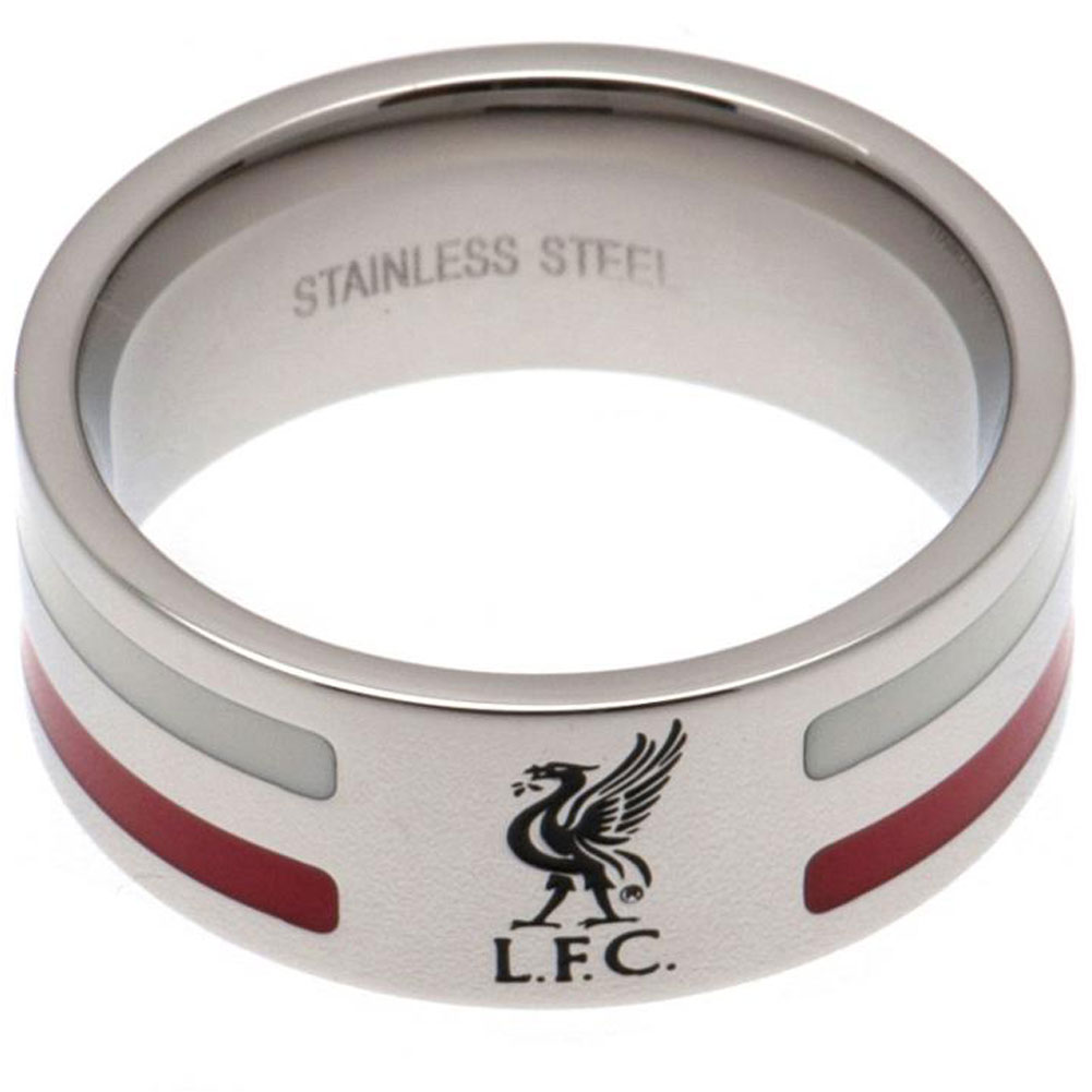 Liverpool FC stainless steel ring with red and white colour inserts, chrome finish and engraved crest