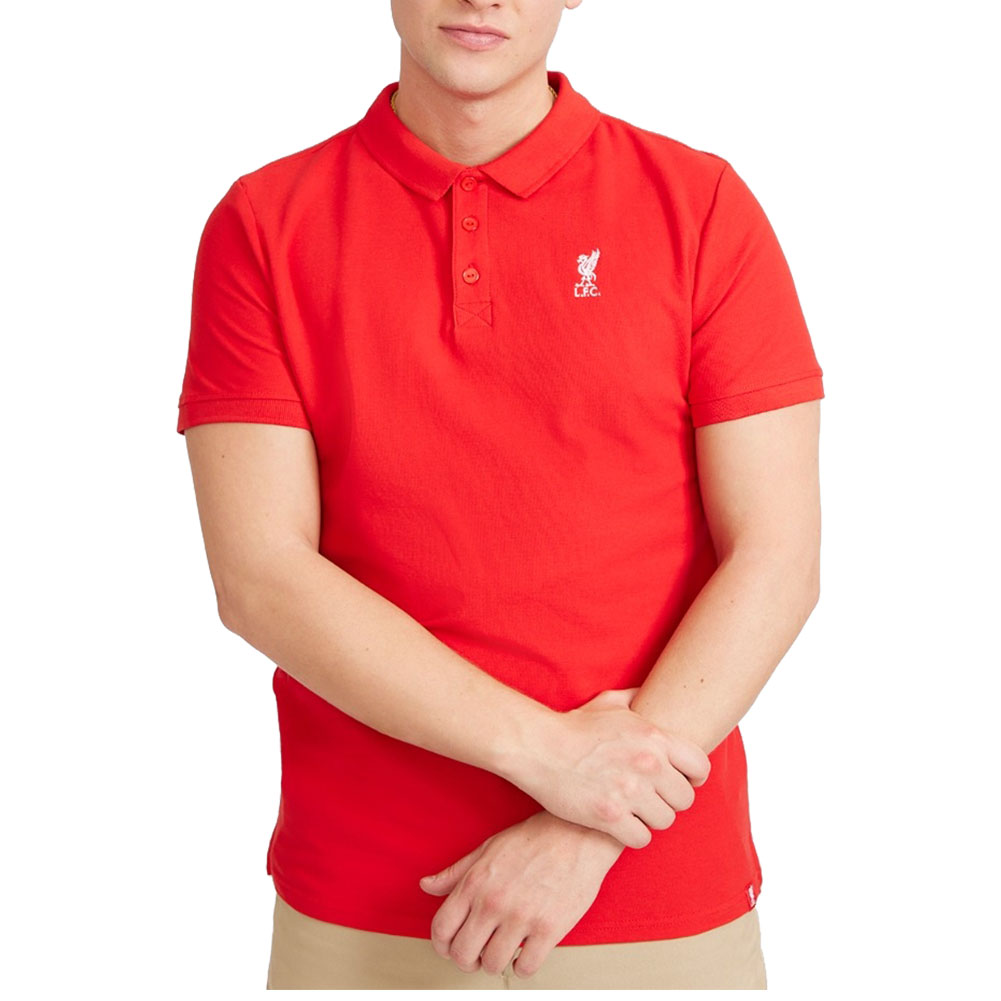 Liverpool FC men's red Conninsby polo shirt with an embroidered white Liverbird crest and red LFC hem tab