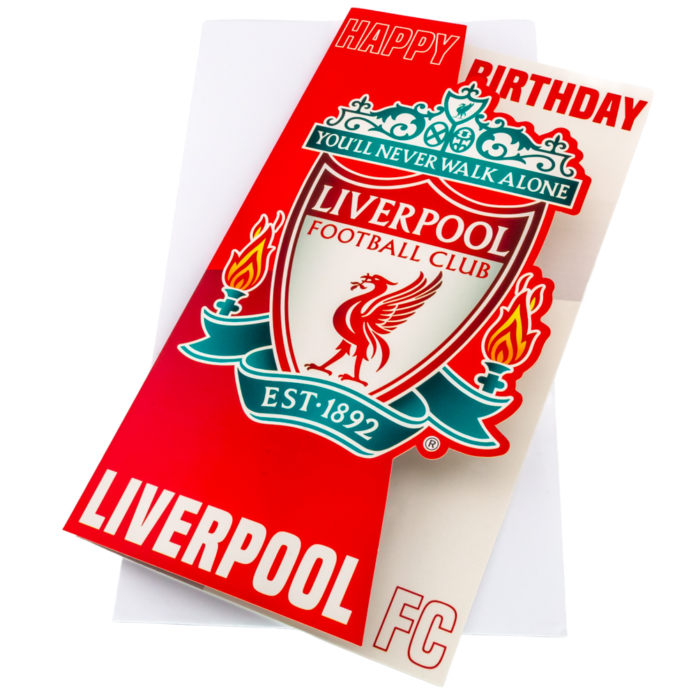 Liverpool FC fold out birthday card with a large LFC crest on the front and Happy Birthday at the top