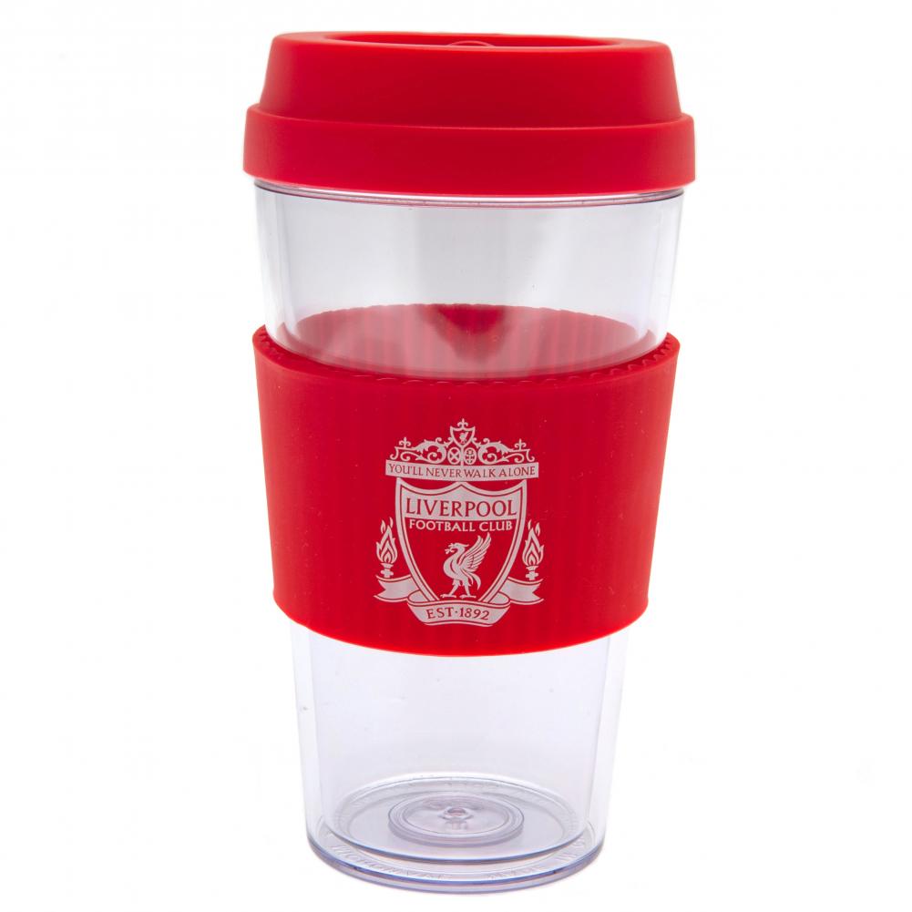 Clear Liverpool FC travel mug with a team colour silicone grip wrap and screw top lid