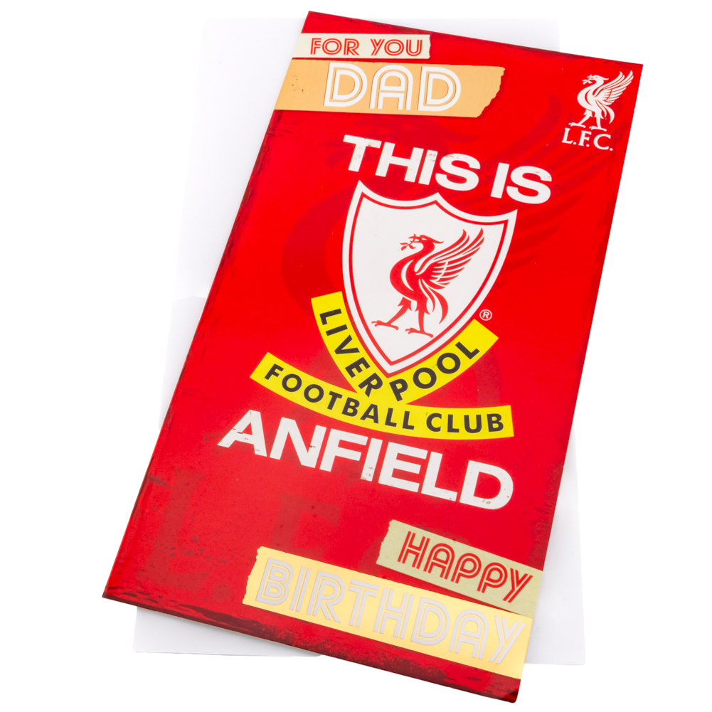 Liverpool FC red and white gloss dad birthday card with a Liverbird crest, For you Dad and This is Anfield