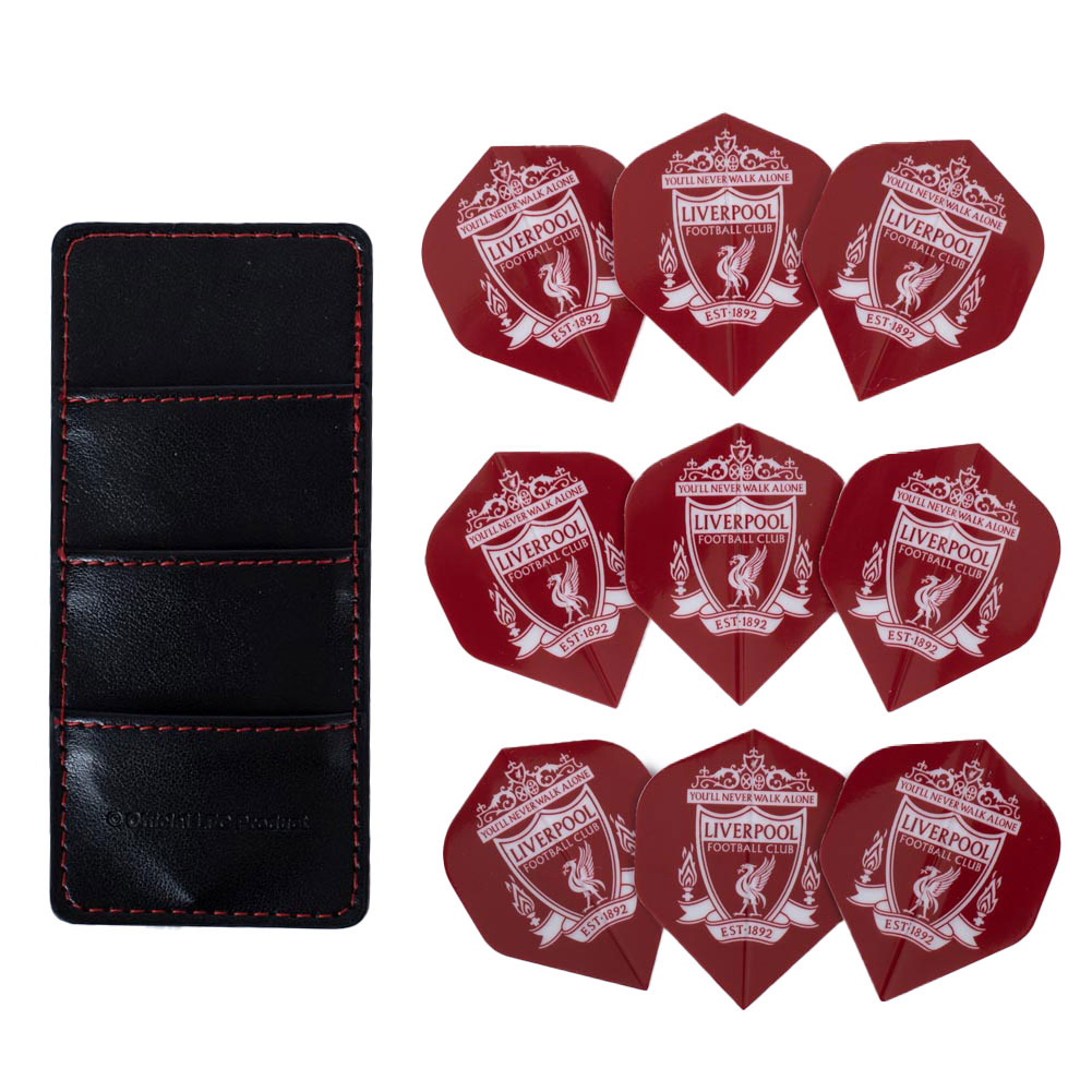 Set of nine Liverpool FC dart flights with a white Liverpool crest, shown in a black case