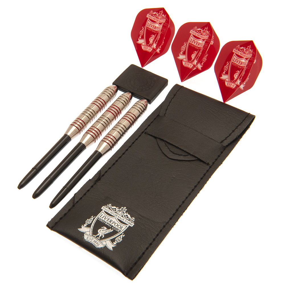 Liverpool FC essential darts set with red-detailed barrels, red flights with white crests and a crest case