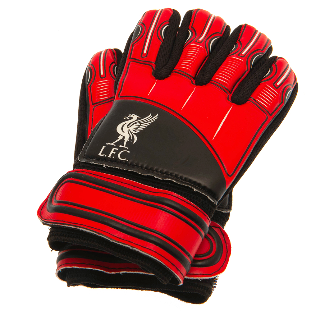 Liverpool FC kids red delta design goalkeeper gloves with a white Liverpool crest and elastic strap