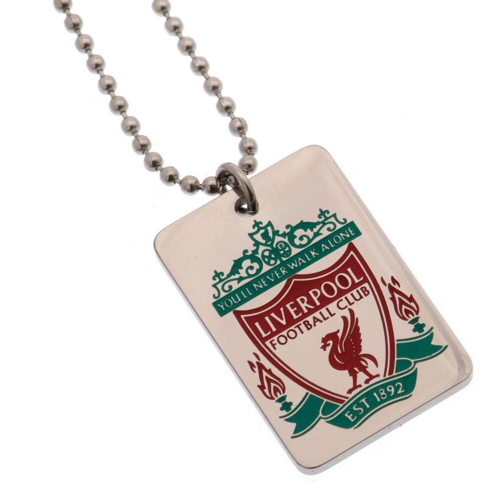 Liverpool FC stainless steel dog tag with a colour inlay crest on a chrome finish and a ball chain