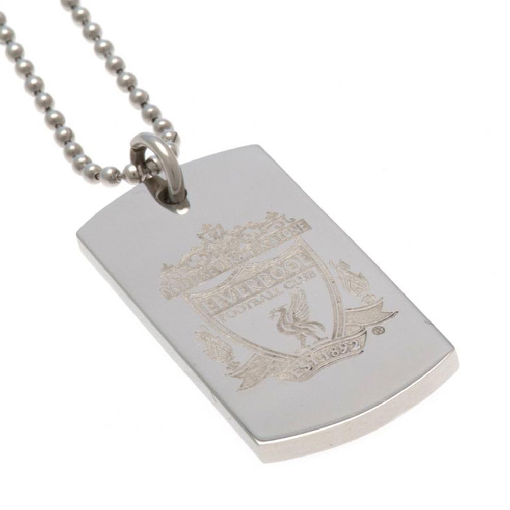 Liverpool FC chrome finish stainless steel dog tag engraved with the Liverpool crest on a ball chain