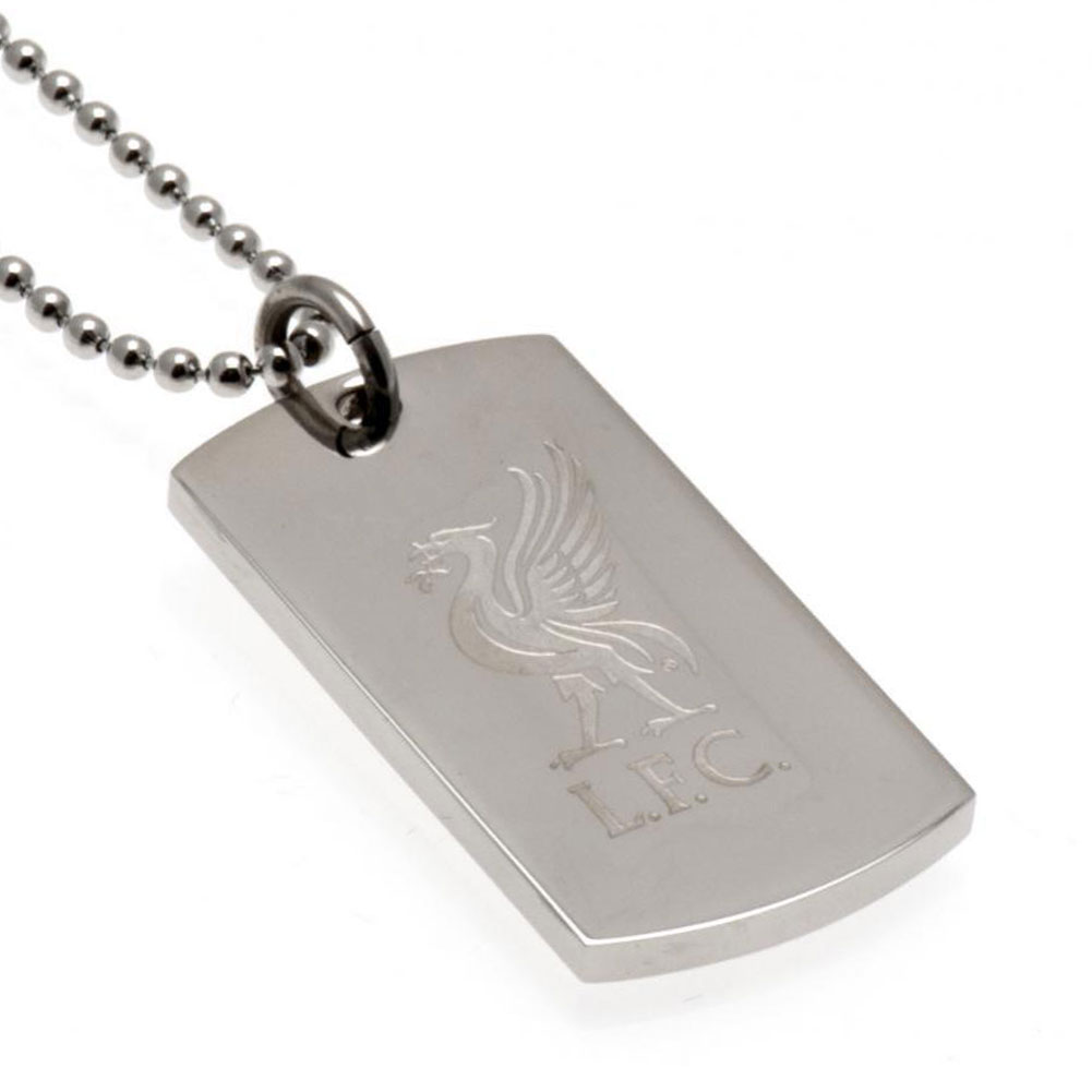Liverpool FC chrome finish stainless steel dog tag engraved with the LFC Liverbird crest on a ball chain