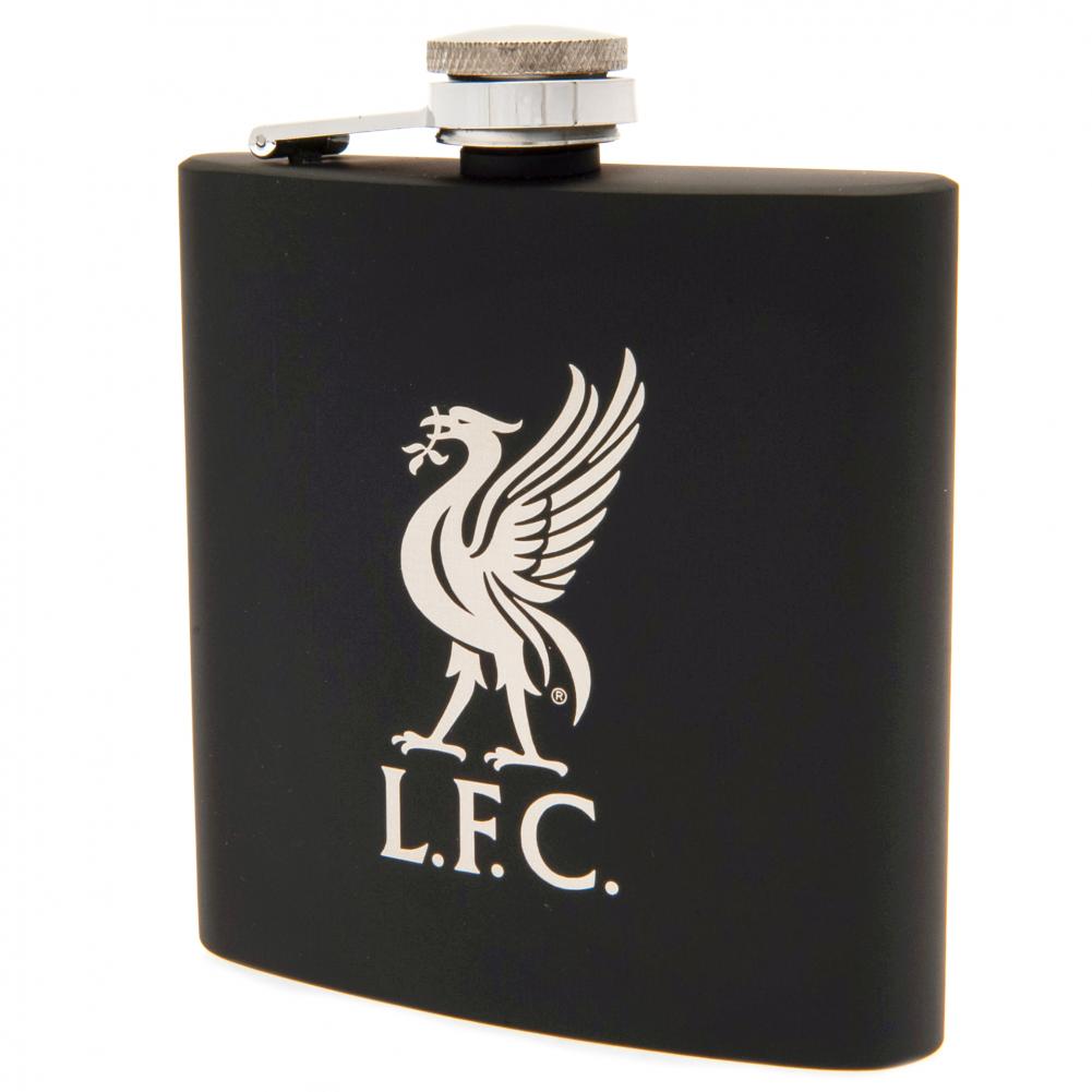 Liverpool 6oz stainless steel hip flask in matt black with a foil print club crest and a presentation box