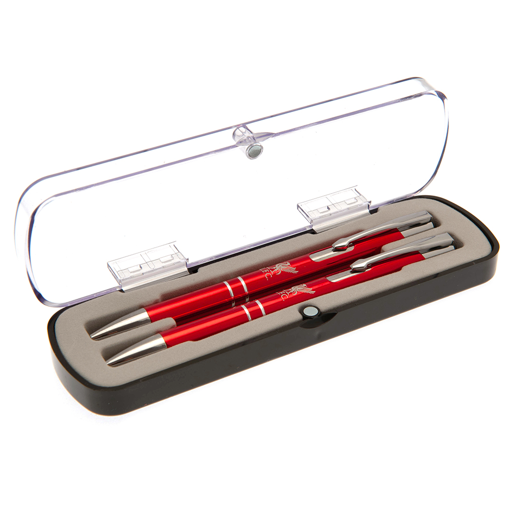 Liverpool FC red pen and pencil gift set with a silver Liverbird crest in a clear Perspex display case