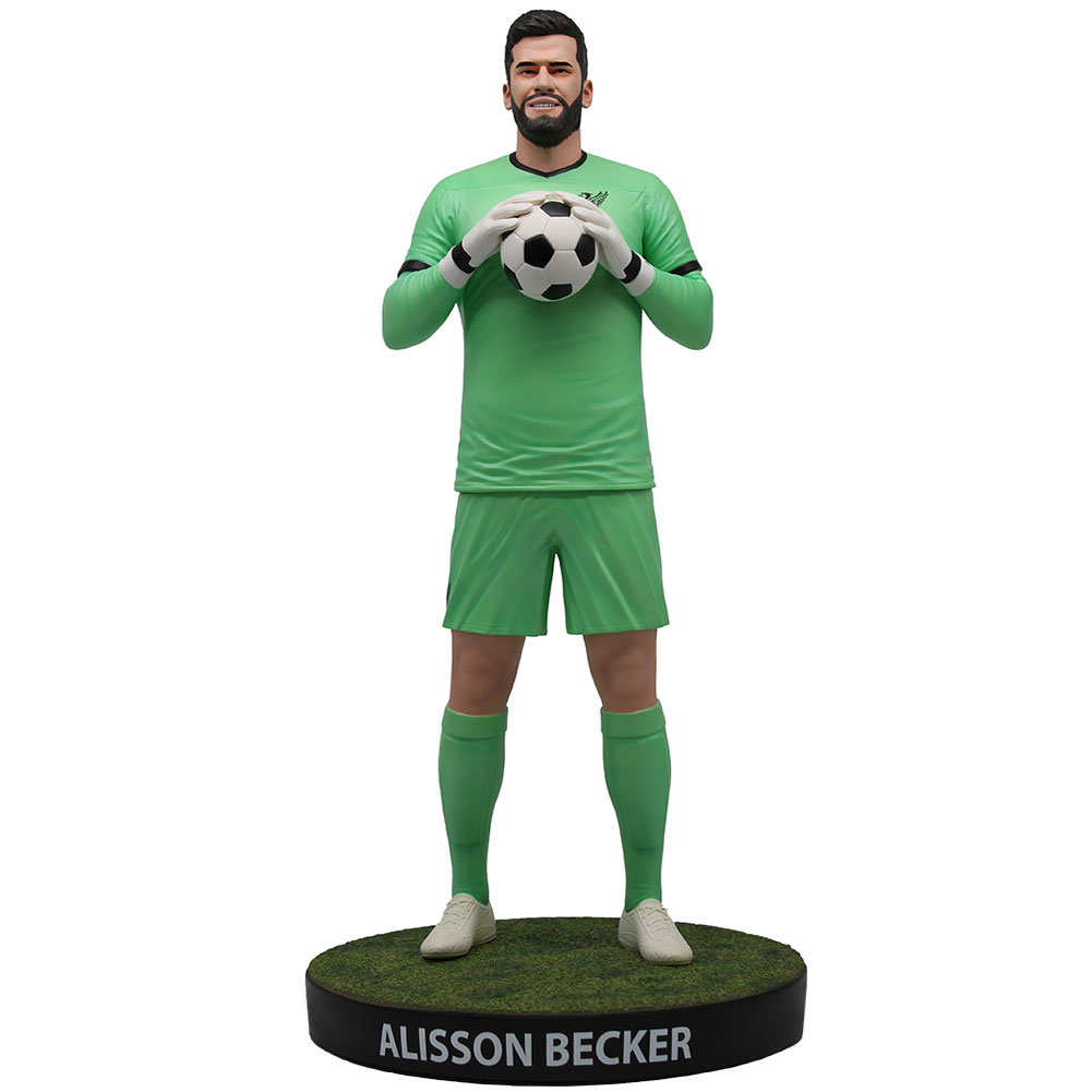 Liverpool FC Football's Finest resin statue of Alisson Becker in goalkeeper kit holding the ball on a green base