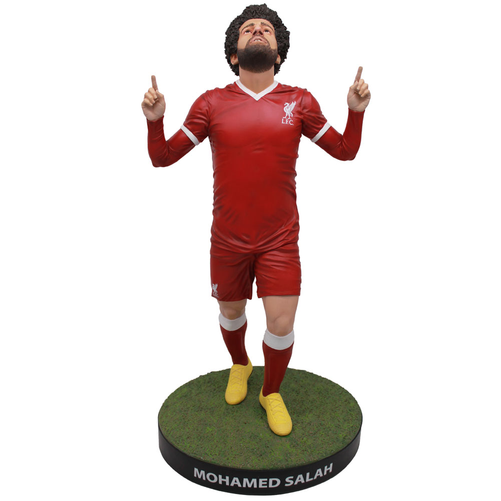 Liverpool FC Football's Finest resin statue of Mohamed Salah in red home kit and yellow boots on a green base