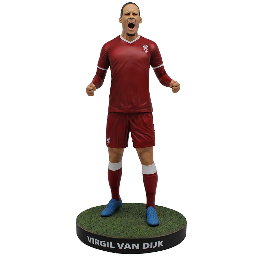 Liverpool FC Football's Finest resin statue of Virgil Van Dijk in red home kit and blue boots on a green base