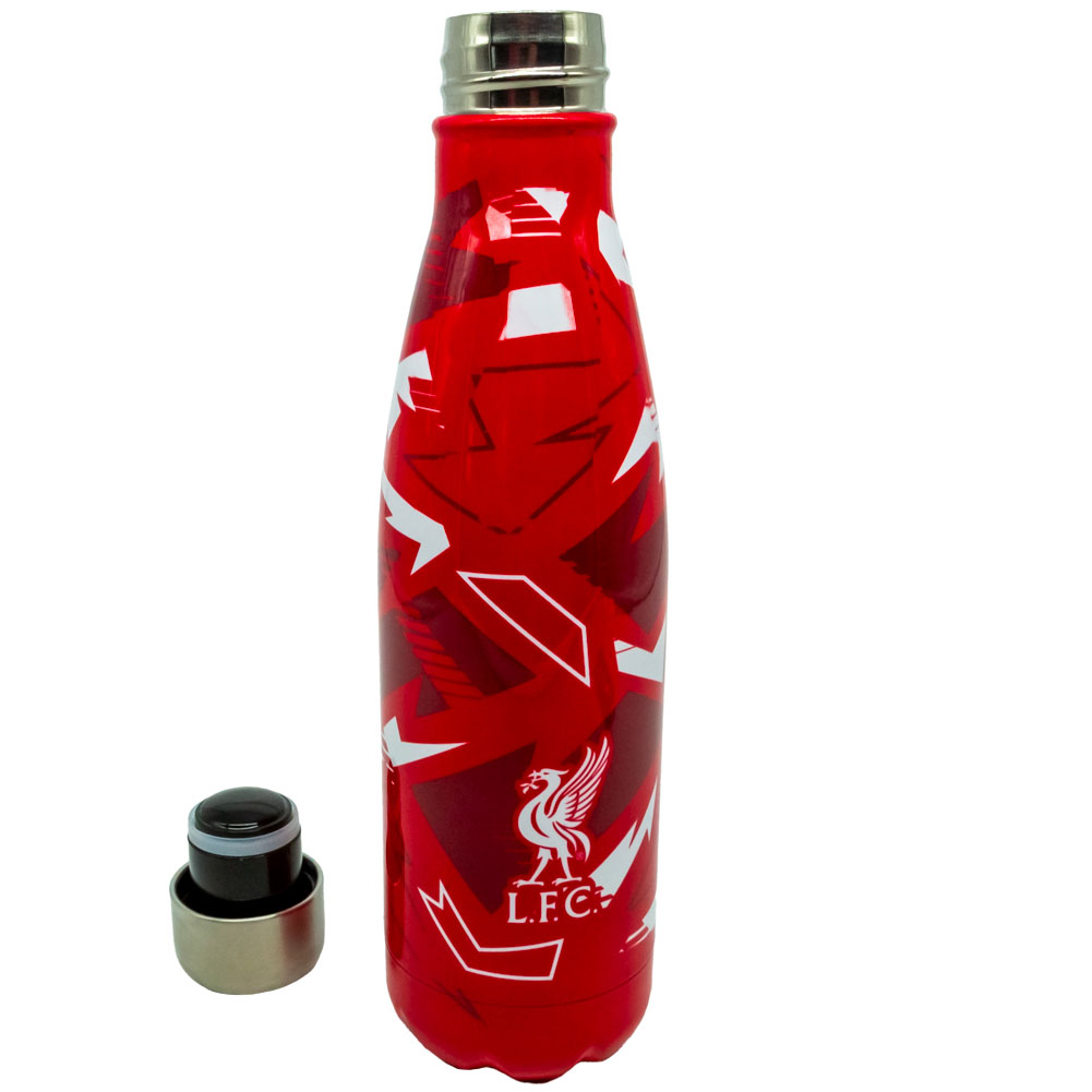 Liverpool FC thermal flask in a vibrant red and white fragment pattern with the Liverbird crest