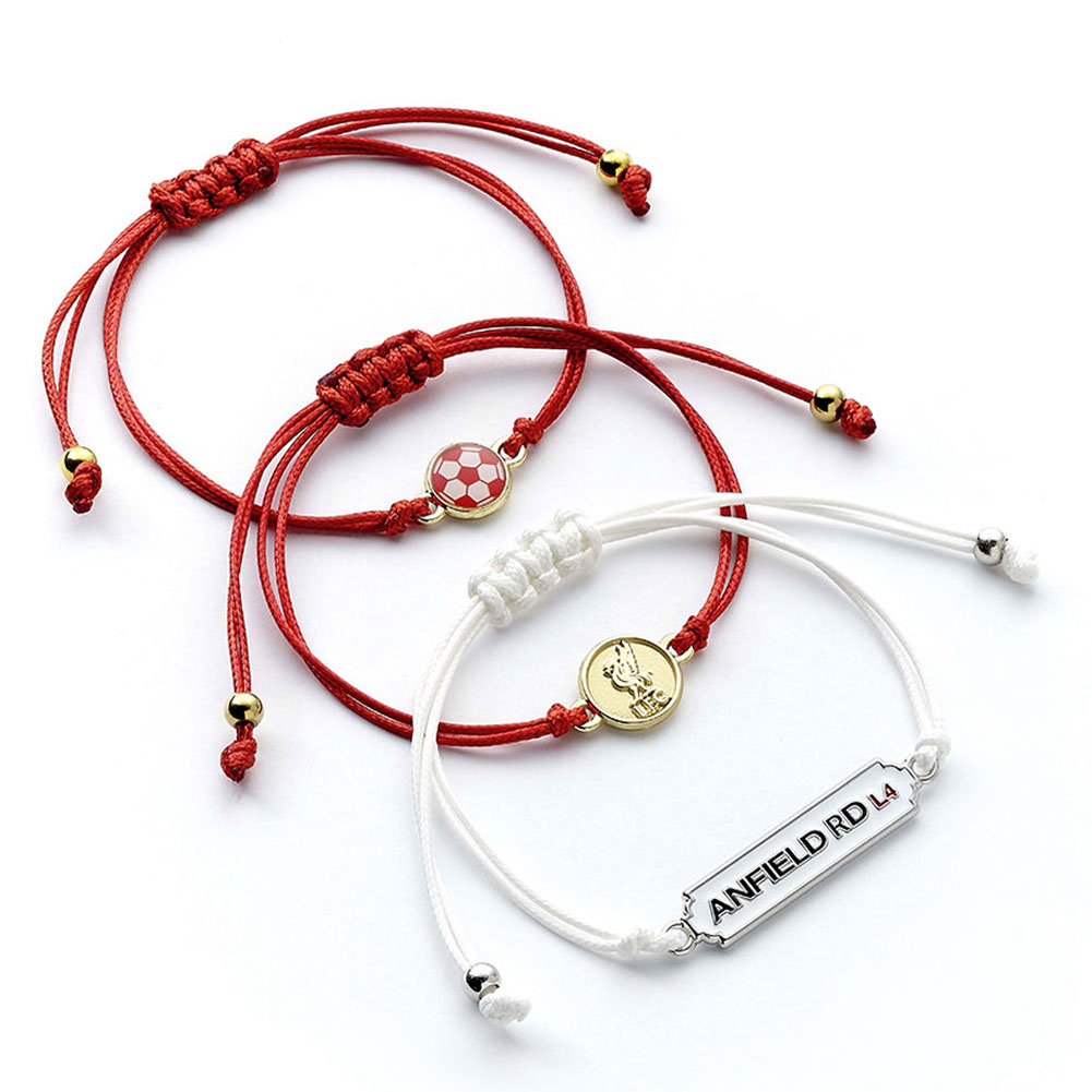 Set of three colourful Liverpool FC friendship bracelets, each with a bespoke Liverpool charm