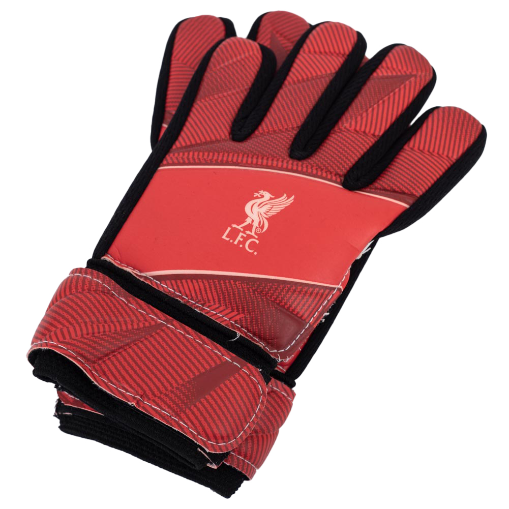Liverpool FC Fuse youth goalkeeper gloves with latex foam palm, shown in a mesh front carry bag