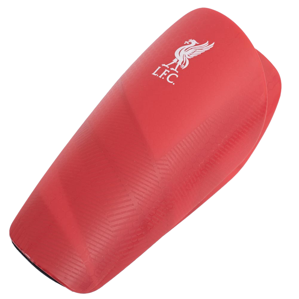 Red Liverpool FC Fuse kids slip-in shin guards with a white Liverbird crest