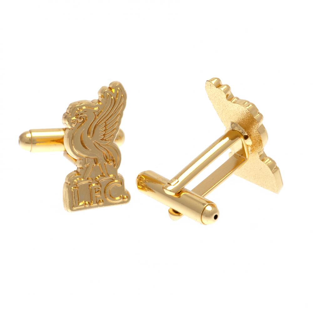 Pair of Liverpool FC gold plated crest shaped cufflinks with a detailed formed LFC Liverbird crest
