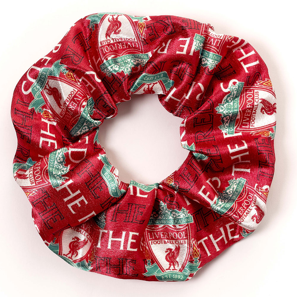 Colourful Liverpool FC satin hair scrunchie featuring Liverpool club icons and text