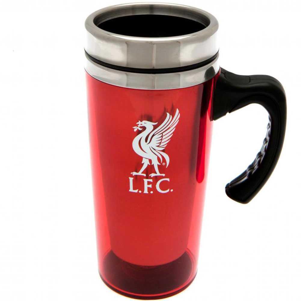 Red translucent Liverpool FC stainless steel travel mug with a printed Liverpool crest and handle