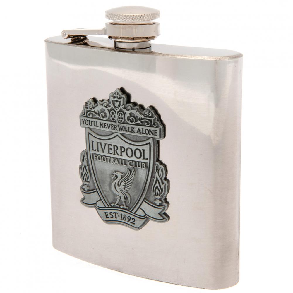 Liverpool 6oz stainless steel hip flask with an antique badge next to its presentation box