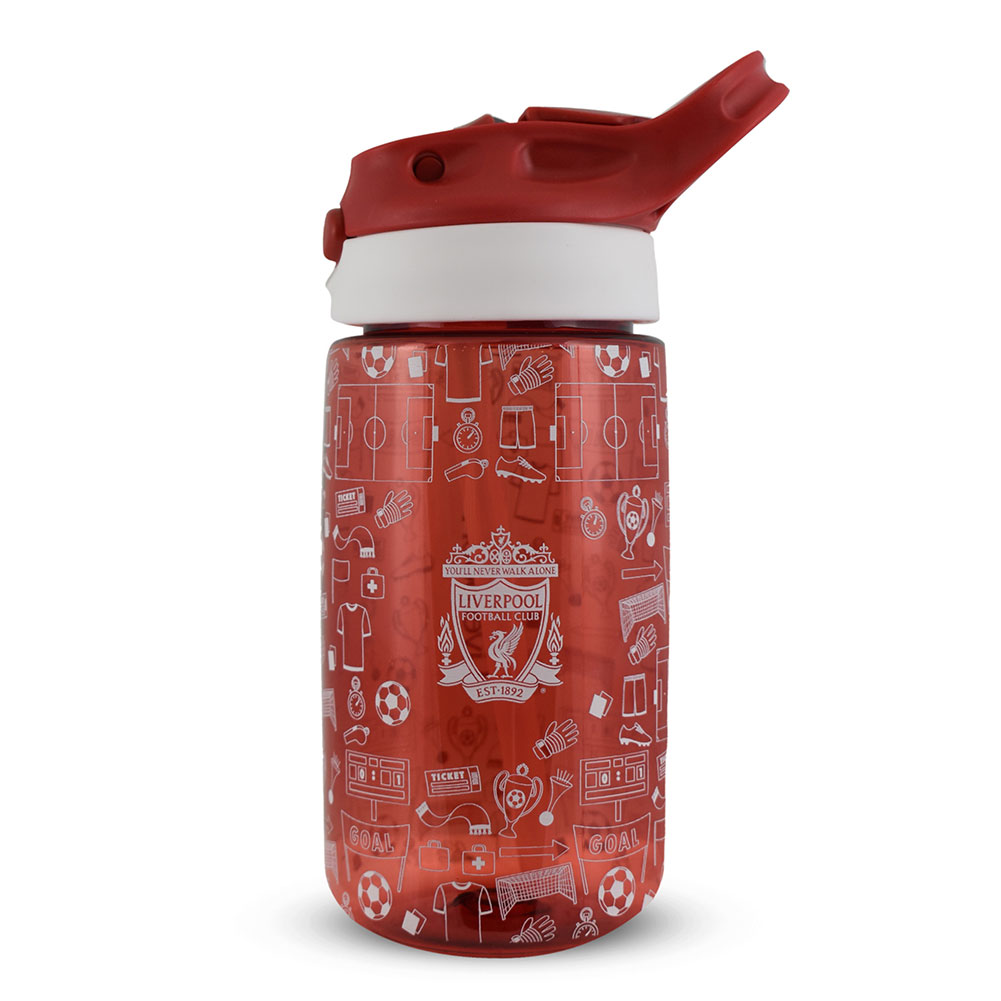 Vibrant red Liverpool FC kids water bottle with a white Liverpool crest and fun icon design