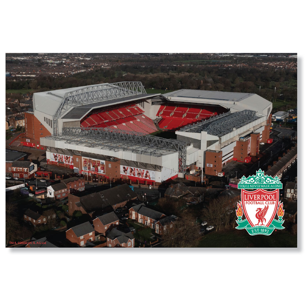Liverpool FC landscape LED sign with a picture of Anfield Stadium in a brushed aluminium frame