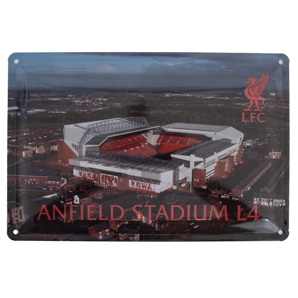 Liverpool FC deluxe metal Anfield Stadium photo sign with embossed club logo and Anfield Stadium L4 text