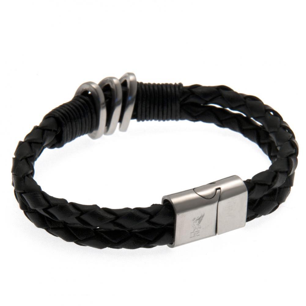 Liverpool FC black twin rope leather bracelet with a stainless steel magnetic clasp and engraved crest