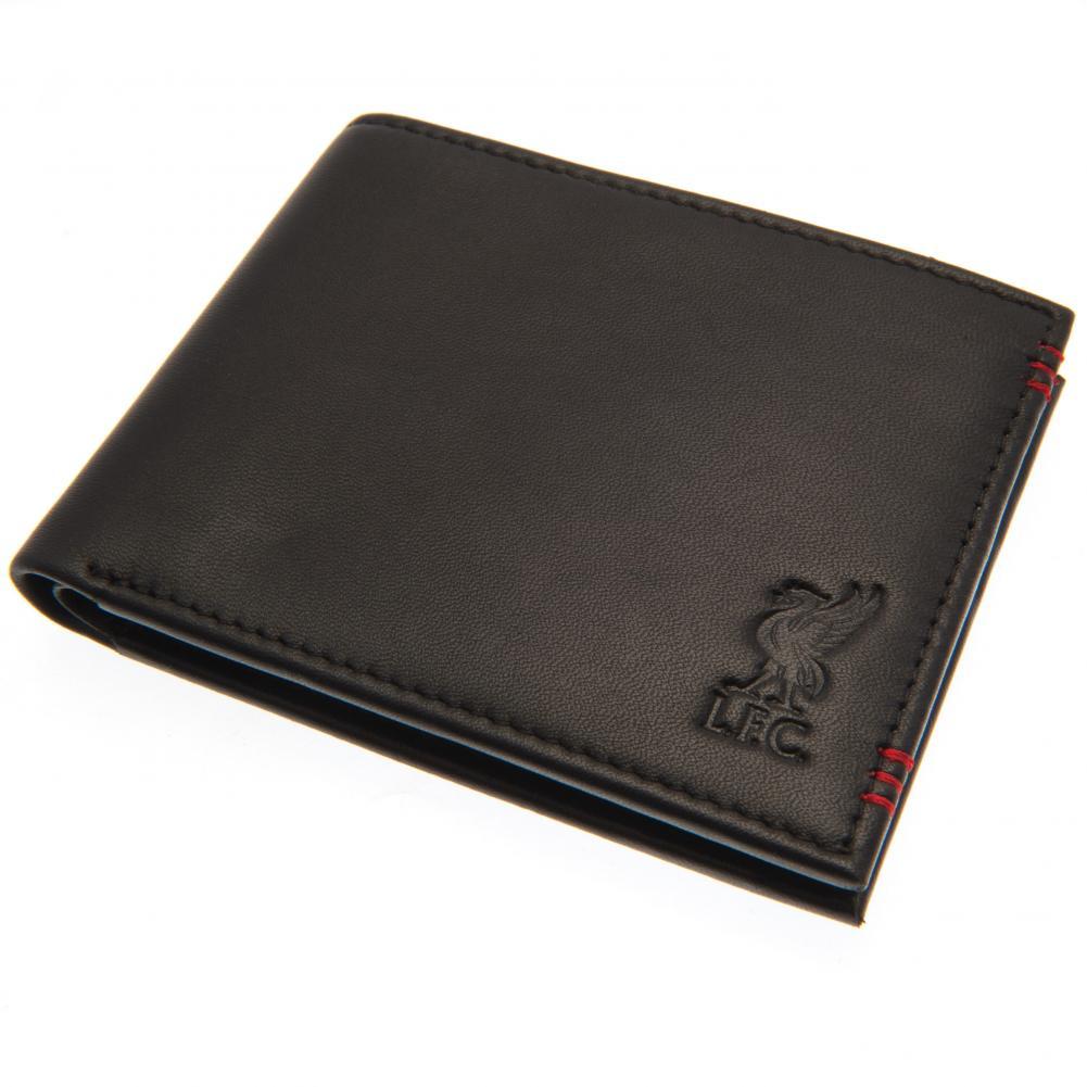 Liverpool FC leather wallet with red stitching detail and an embossed club crest