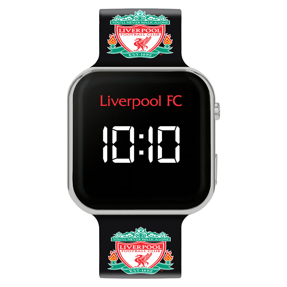 Liverpool FC kids LED watch with a red display and a black silicone strap showing YNWA and the crest