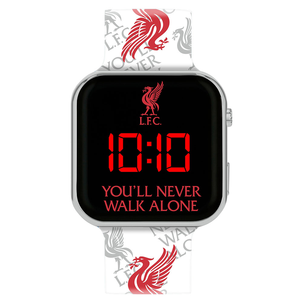 Liverpool FC LED fit watch with pedometer and a white silicone strap showing YNWA and the club crest