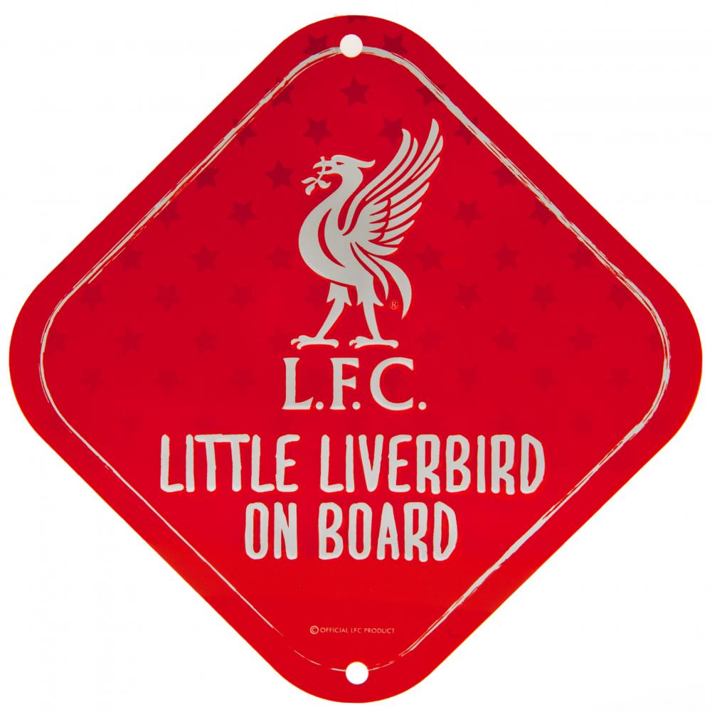 Square red stamped metal Liverpool FC sign with a white crest on a multi star background