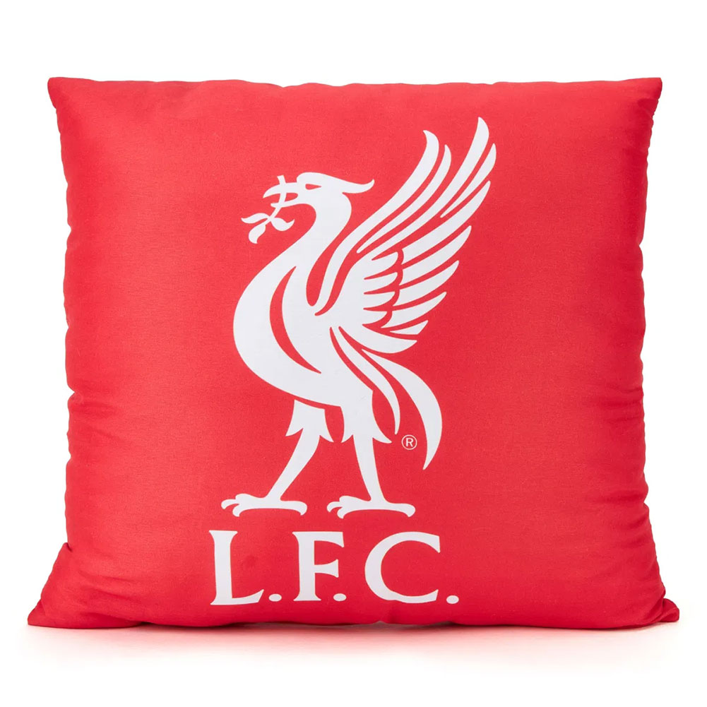Vibrant red Liverpool FC Liverbird cushion featuring a large Liverpool FC club crest