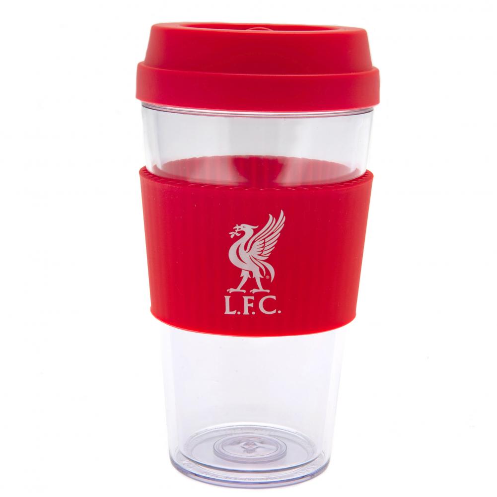 Clear Liverpool FC travel mug with Liverbird design and a team colour silicone grip wrap
