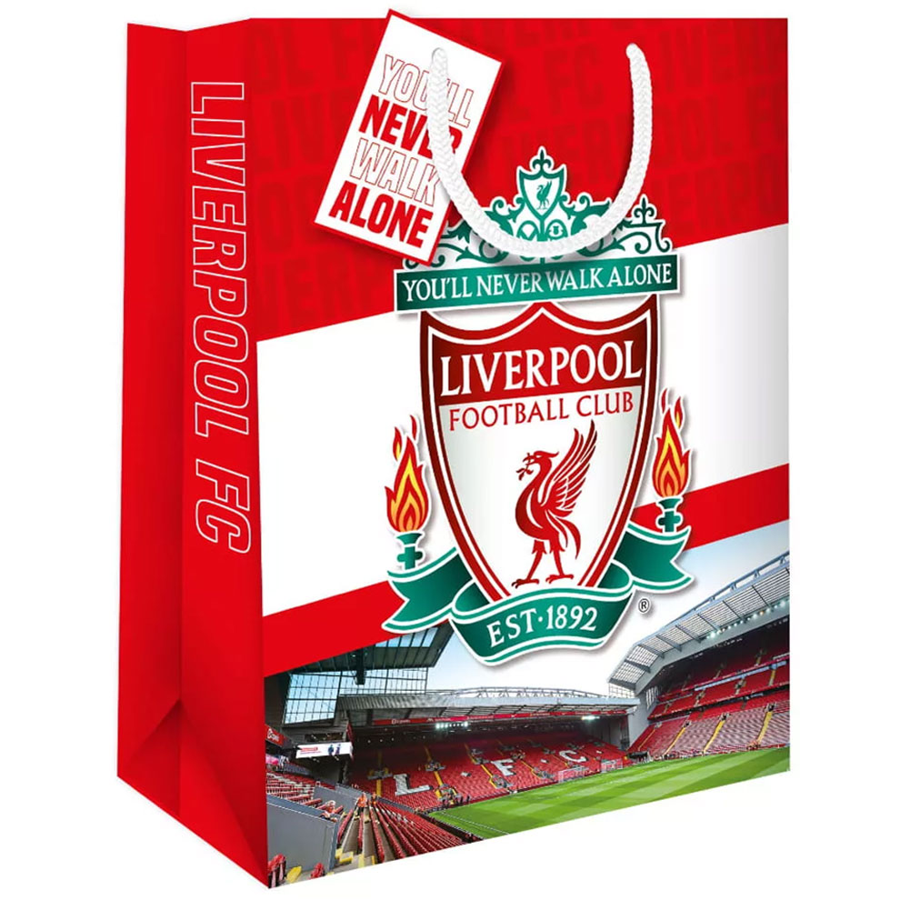 Liverpool FC medium stadium card gift bag with a full colour Liverpool crest and woven string handles