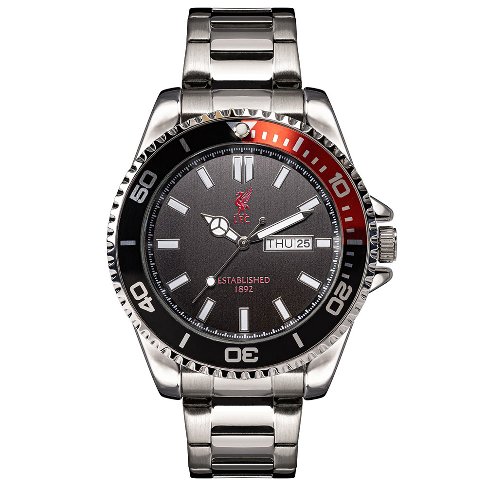 Liverpool FC mens analogue watch with a black face, red Liverbird logo and stainless steel bracelet