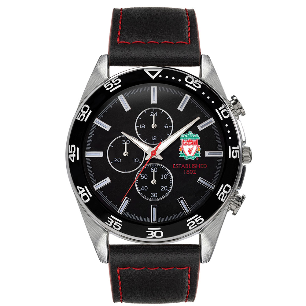Liverpool FC mens chronograph watch with a black leather strap, steel buckle and full colour crest on the face