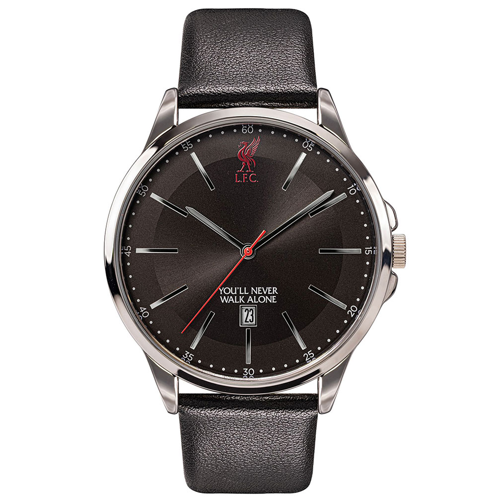 Liverpool FC mens watch with a black leather strap and a black face with a red Liverbird logo
