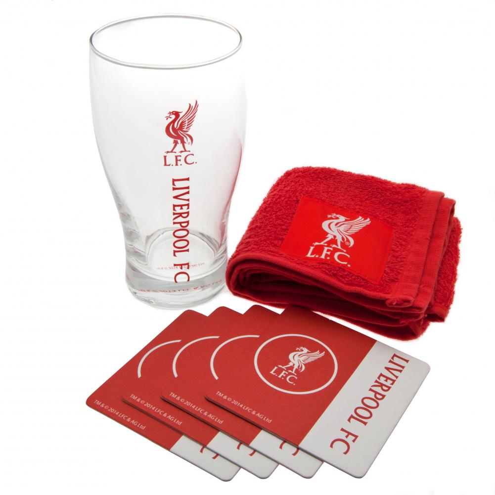 Liverpool FC mini bar set with a red text tulip pint glass, red bar towel and four crested beer mats