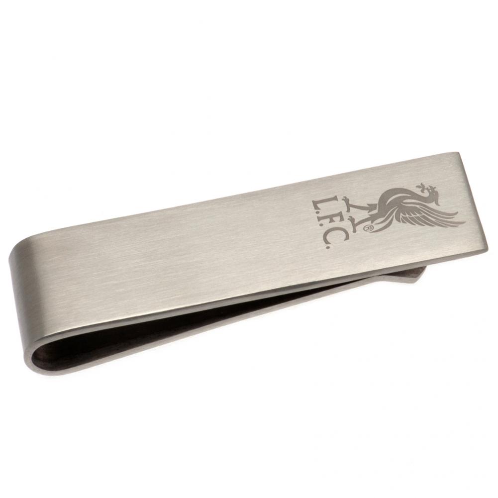 Liverpool FC stainless steel money clip with a brushed satin finish and an engraved Liverbird crest