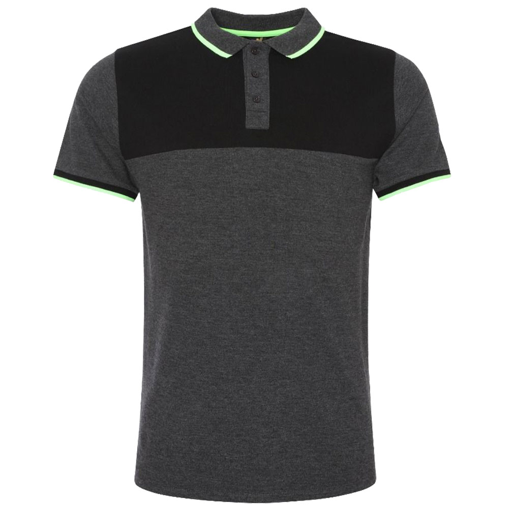 Liverpool FC men's charcoal polo shirt with black panelling, neon green trim and a white Liverbird crest